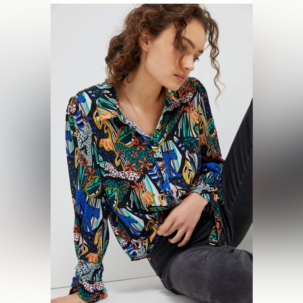 Anthropologie Maeve Masha Volnova Carmiel Buttondown Jungle Animal Print Size 8